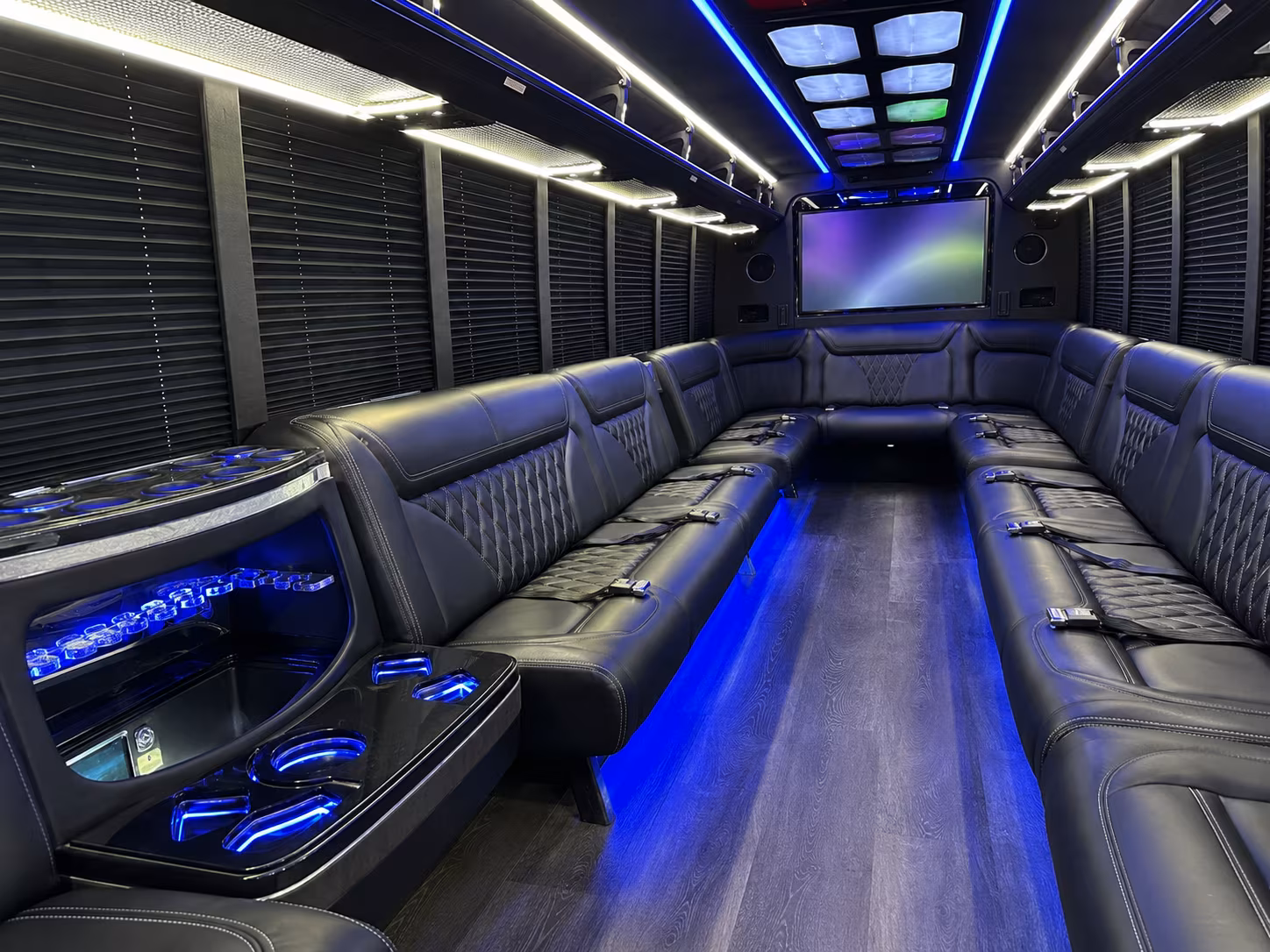brick 20 passenger party bus inside